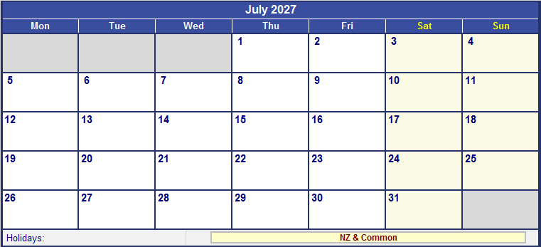 July 2027 Printable Calendar with NZ Holidays