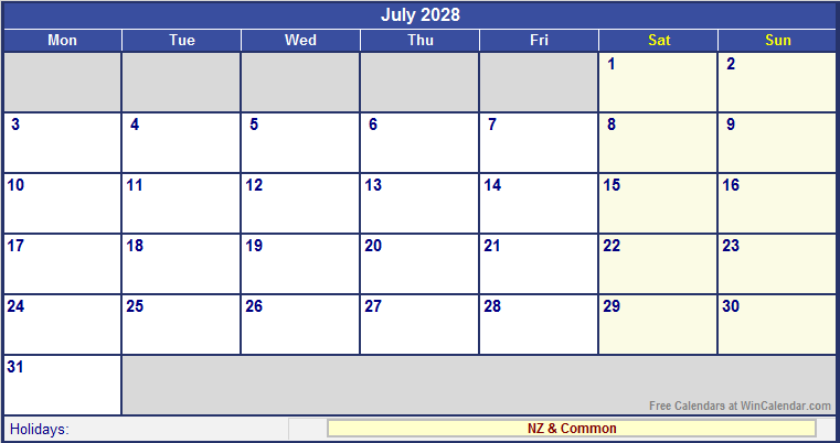 July 2028 Printable Calendar with NZ Holidays