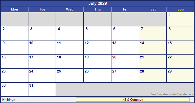 July 2029 Printable Calendar with NZ Holidays