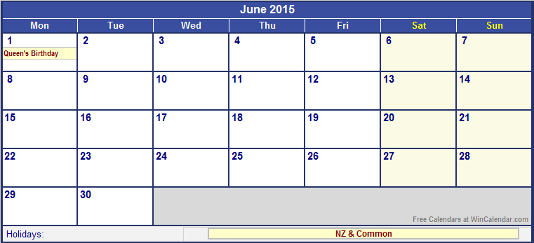 June 2015 Printable Calendar with NZ Holidays