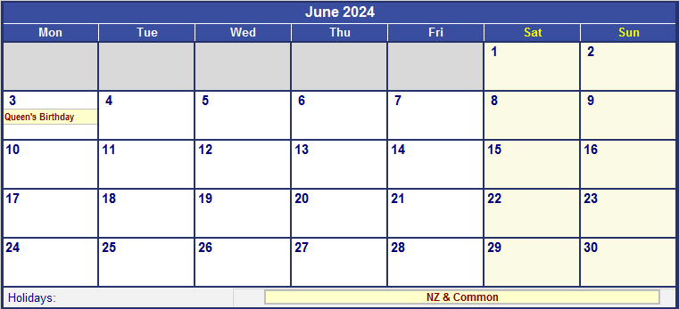 June 2024 New Zealand Calendar with Holidays for printing (image format)