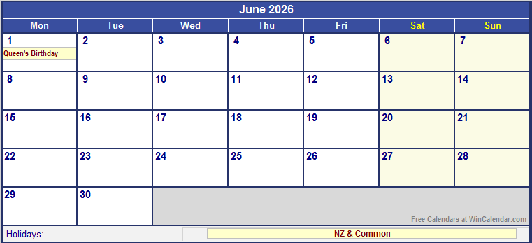 June 2026 Printable Calendar with NZ Holidays