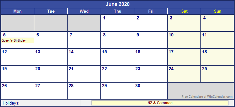 June 2028 Printable Calendar with NZ Holidays