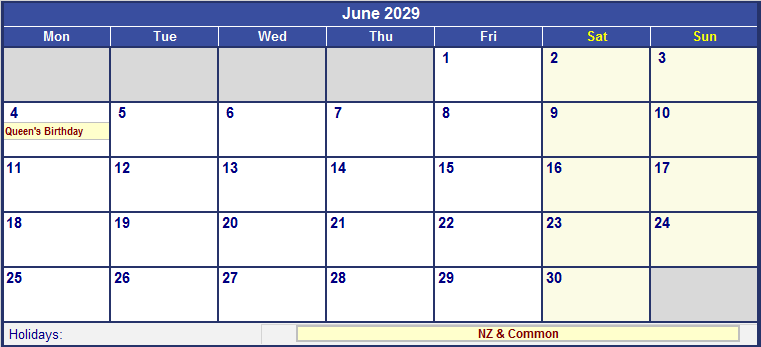 June 2029 Printable Calendar with NZ Holidays