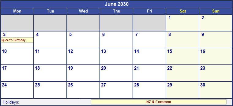 June 2030 Printable Calendar with NZ Holidays