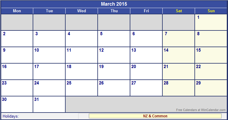 March 2015 Printable Calendar with NZ Holidays