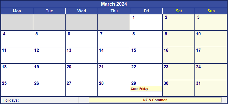 March 2024 New Zealand Calendar with Holidays for printing (image format)