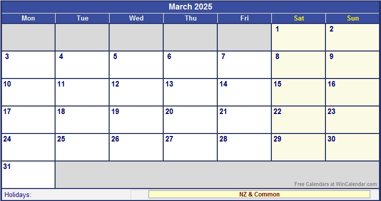 March 2025 New Zealand Calendar with Holidays for printing (image format)