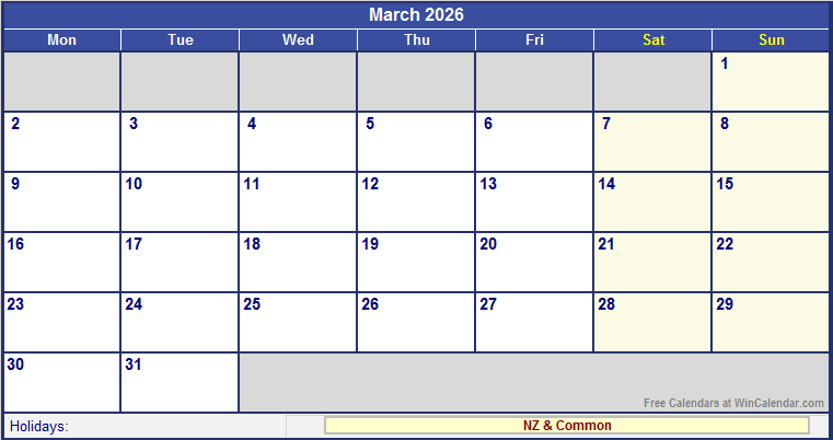 March 2026 Printable Calendar with NZ Holidays
