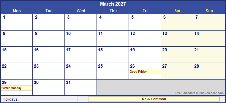March 2027 Printable Calendar with NZ Holidays