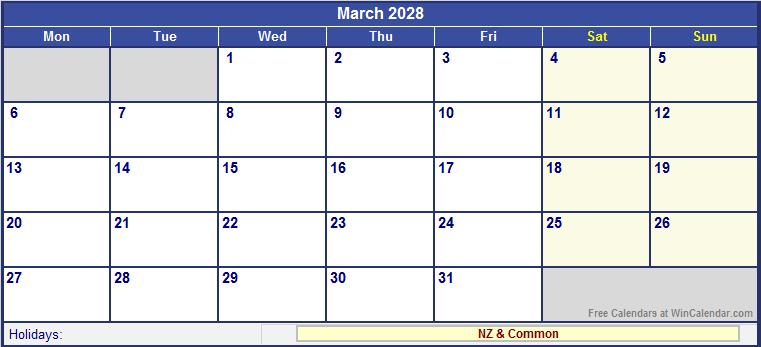 March 2028 Printable Calendar with NZ Holidays