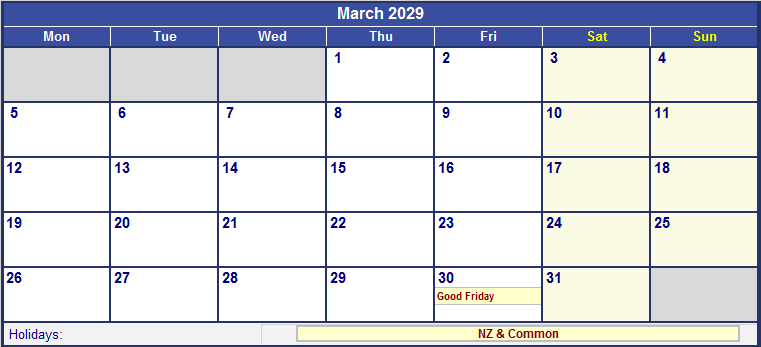 March 2029 Printable Calendar with NZ Holidays