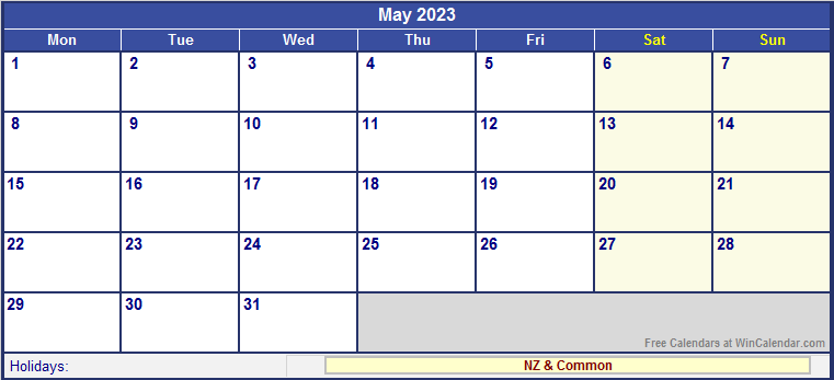 May 2023 Printable Calendar with NZ Holidays