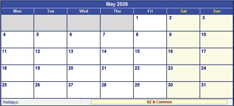May 2026 Printable Calendar with NZ Holidays