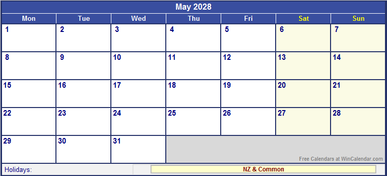 May 2028 New Zealand Calendar with Holidays for printing (image format)