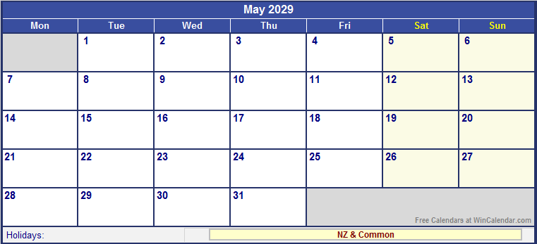 May 2029 Printable Calendar with NZ Holidays