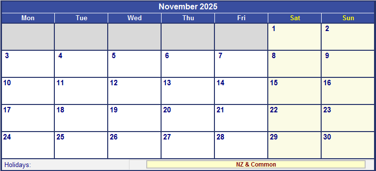 November 2025 New Zealand Calendar with Holidays for printing (image format)