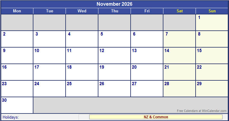 November 2026 Printable Calendar with NZ Holidays