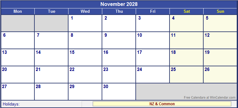 November 2028 Printable Calendar with NZ Holidays