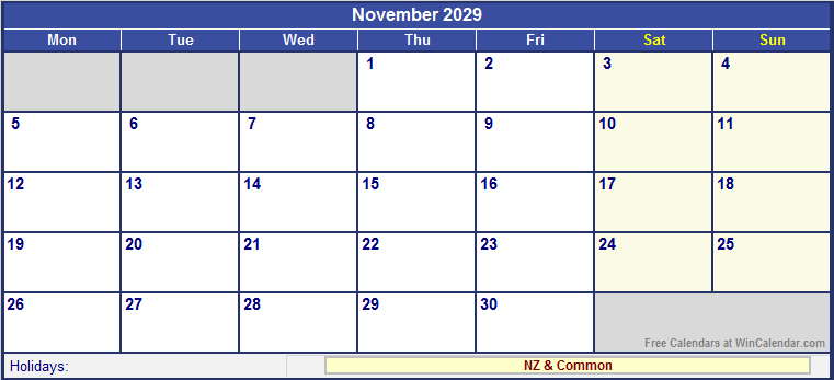 November 2029 Printable Calendar with NZ Holidays