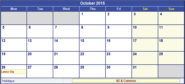 October 2015 Printable Calendar with NZ Holidays