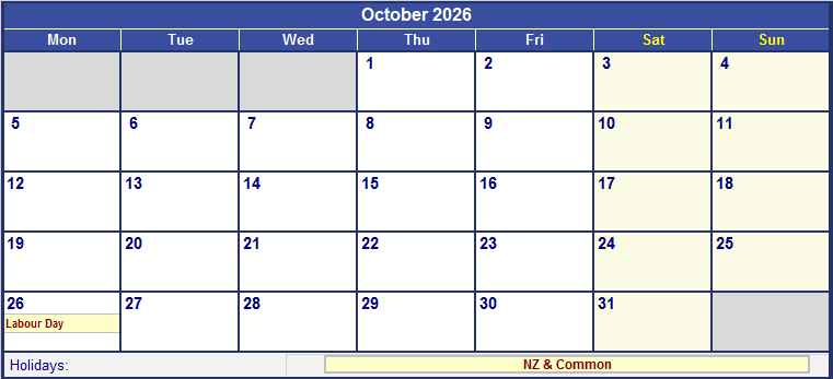 October 2026 Printable Calendar with NZ Holidays