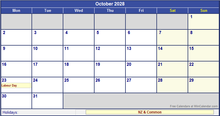 October 2028 Printable Calendar with NZ Holidays