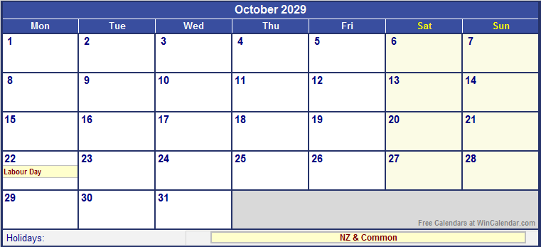 October 2029 Printable Calendar with NZ Holidays