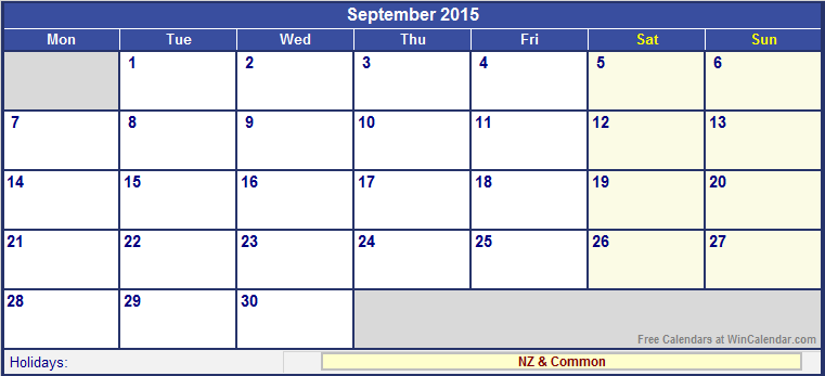 September 2015 Printable Calendar with NZ Holidays