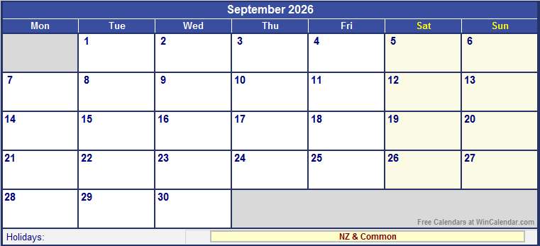 September 2026 Printable Calendar with NZ Holidays