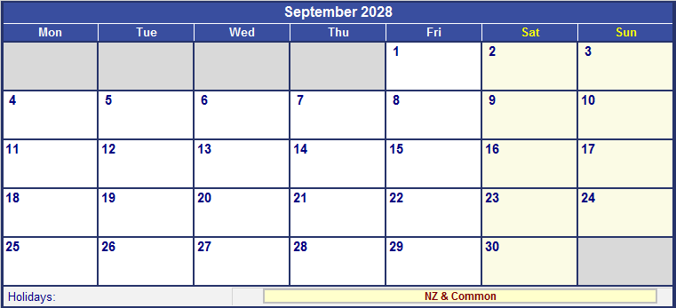 September 2028 Printable Calendar with NZ Holidays