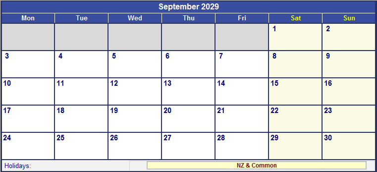 September 2029 Printable Calendar with NZ Holidays