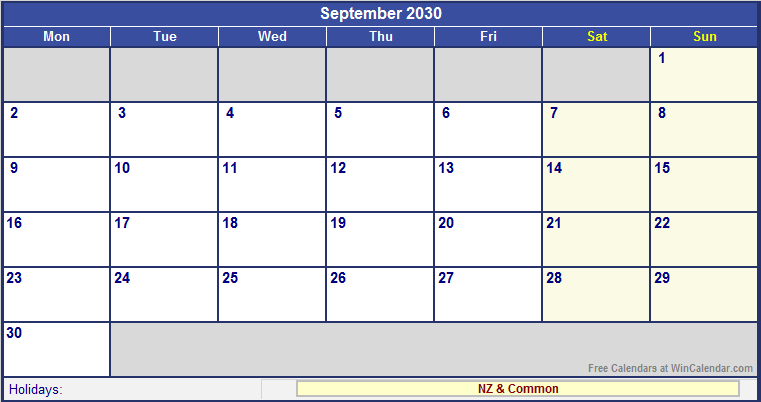 September 2030 New Zealand Calendar with Holidays for printing (image ...