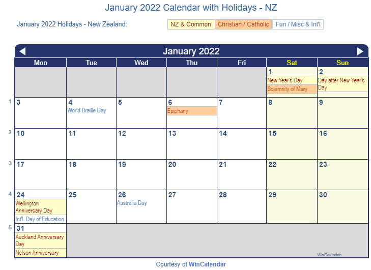 January 2022 Calendar with NZ Holidays to Print