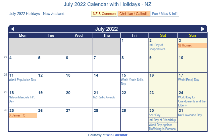 Print Friendly July 2022 New Zealand Calendar For Printing