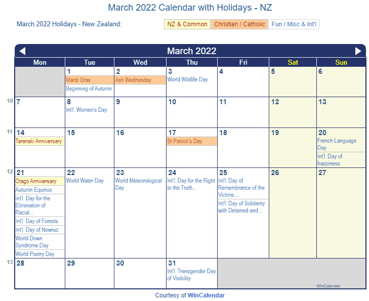 March 2022 Calendar with NZ Holidays to Print