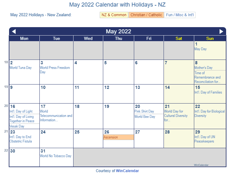 May 2022 Calendar with NZ Holidays to Print