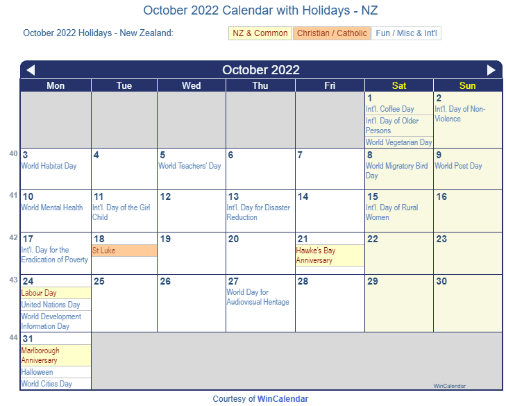 October 2022 Calendar with NZ Holidays to Print