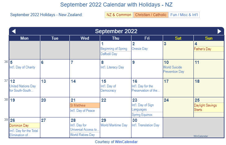September 2022 Calendar with NZ Holidays to Print