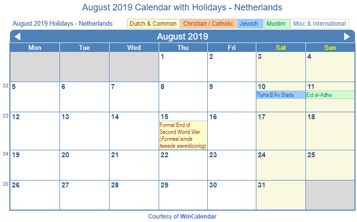 Print Friendly August 2019 Netherlands Calendar For Printing