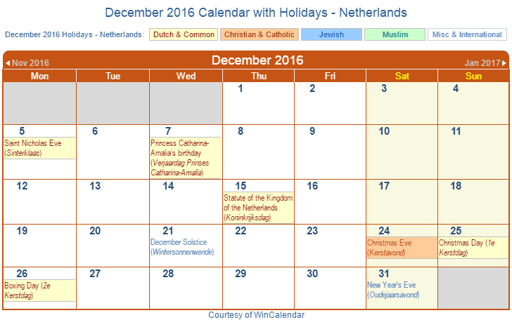 Print Friendly December 2016 Netherlands Calendar for printing