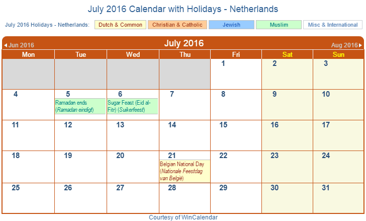 Print Friendly July 16 Netherlands Calendar For Printing