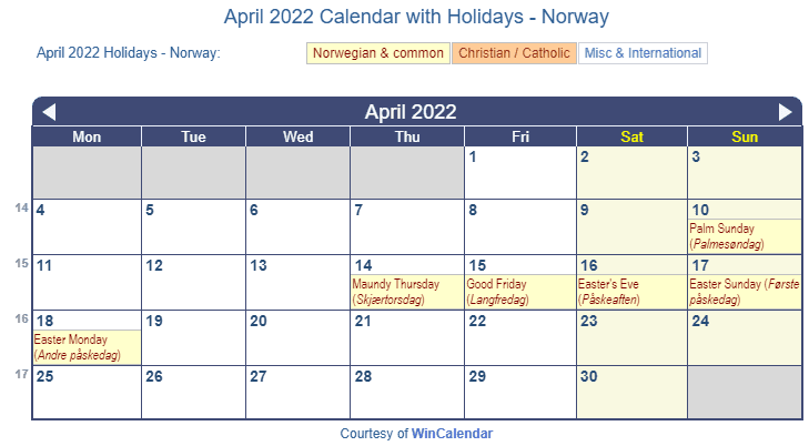 April 2022 Calendar with Norwegian Holidays as image to Print