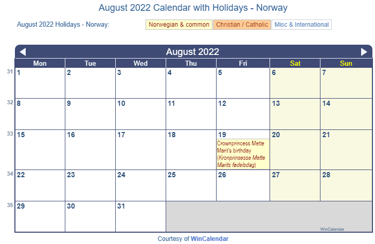 August 2022 Calendar with Norwegian Holidays as image to Print