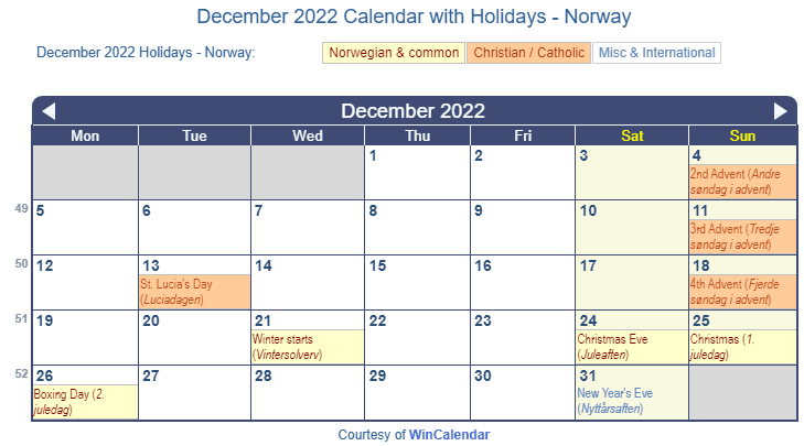 December 2022 Calendar with Norwegian Holidays as image to Print
