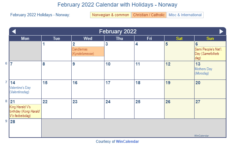 February 2022 Calendar with Norwegian Holidays as image to Print