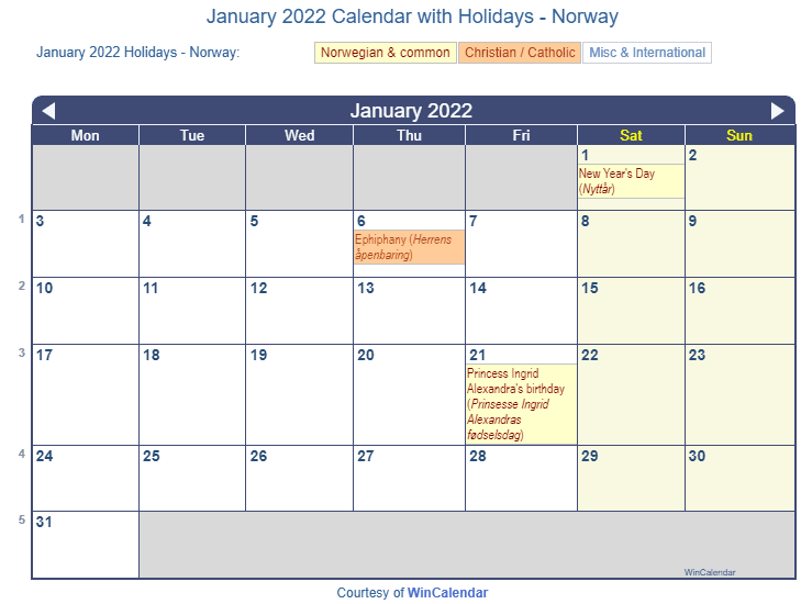 January 2022 Calendar with Norwegian Holidays as image to Print