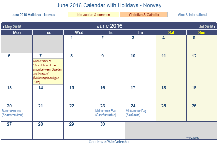 Print Friendly June 16 Norway Calendar For Printing