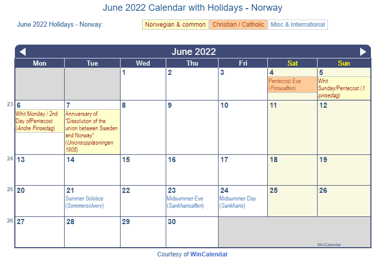 June 2022 Calendar with Norwegian Holidays as image to Print
