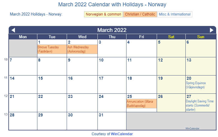 March 2022 Calendar with Norwegian Holidays as image to Print
